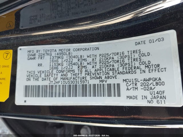 Aukcja sprzedaży 2003 Lexus Rx 300, vin: JTJHF10U530315971, numer aukcji: 44499810