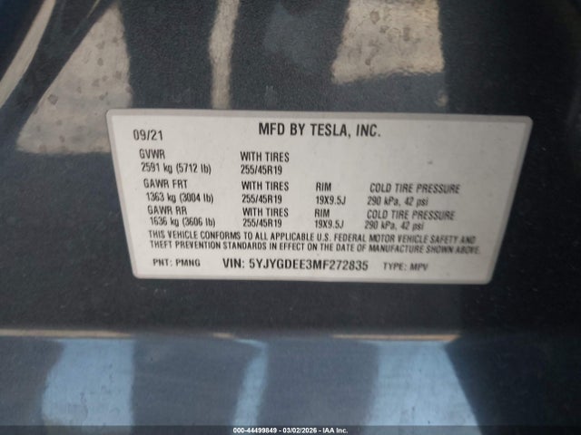 Aukcja sprzedaży 2021 Tesla Model Y Long Range Dual Motor All-wheel Drive, vin: 5YJYGDEE3MF272835, numer aukcji: 44499849