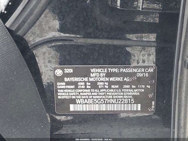44499865 :رقم المزاد ، WBA8E5G57HNU22815 vin ، 2017 Bmw 320i Xdrive مزاد بيع