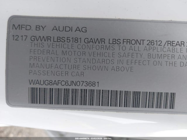 44499874 :رقم المزاد ، WAUG8AFC6JN073681 vin ، 2018 Audi A6 2.0t Premium مزاد بيع