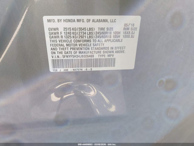Honda Pilot Ex 2018 5FNYF5H34JB026469 Image 9