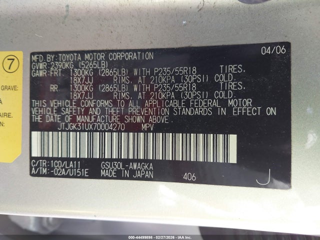 44499898 :رقم المزاد ، JTJGK31UX70004270 vin ، 2007 Lexus Rx 350 مزاد بيع