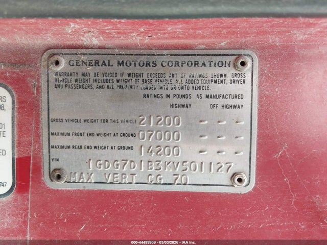 1989 Gmc C7000 C7d042 მანქანა იყიდება აუქციონზე, vin: 1GDG7D1B3KV501127, აუქციონის ნომერი: 44499909