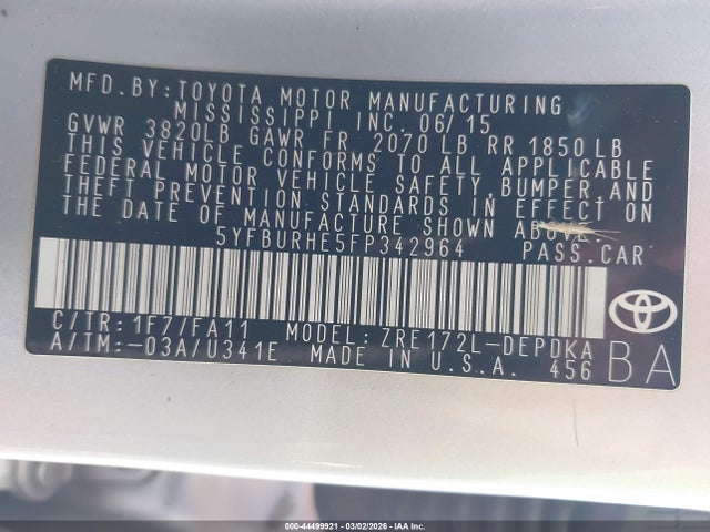 5YFBURHE5FP342964 Toyota COROLLA L