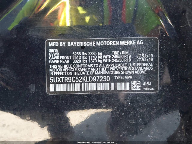 2019 Bmw X3 Xdrive30i მანქანა იყიდება აუქციონზე, vin: 5UXTR9C52KLD97230, აუქციონის ნომერი: 44499952