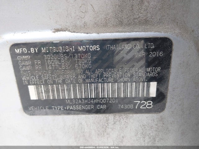 Продаж на аукціоні авто 2017 Mitsubishi Mirage Es, vin: ML32A3HJ4HH007201, номер лоту: 44499954