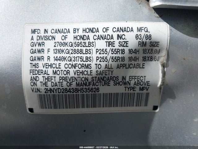 Aukcja sprzedaży 2008 Acura Mdx Technology Package, vin: 2HNYD28438H535626, numer aukcji: 44499957