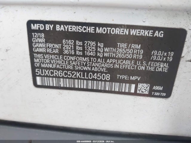 2019 Bmw X5 Xdrive40i მანქანა იყიდება აუქციონზე, vin: 5UXCR6C52KLL04508, აუქციონის ნომერი: 44499969