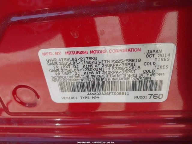 2015 MITSUBISHI OUTLANDER JA4AD3A36FZ008511 Photo 8