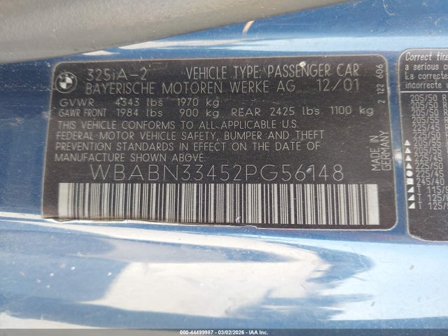 Продаж на аукціоні авто 2002 Bmw 325ci, vin: WBABN33452PG56148, номер лоту: 44499987