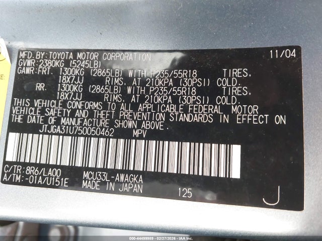 44499989 :رقم المزاد ، JTJGA31U750050462 vin ، 2005 Lexus Rx 330 مزاد بيع