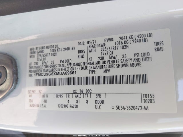 2021 Ford Escape Se მანქანა იყიდება აუქციონზე, vin: 1FMCU9G6XMUA69661, აუქციონის ნომერი: 44500012