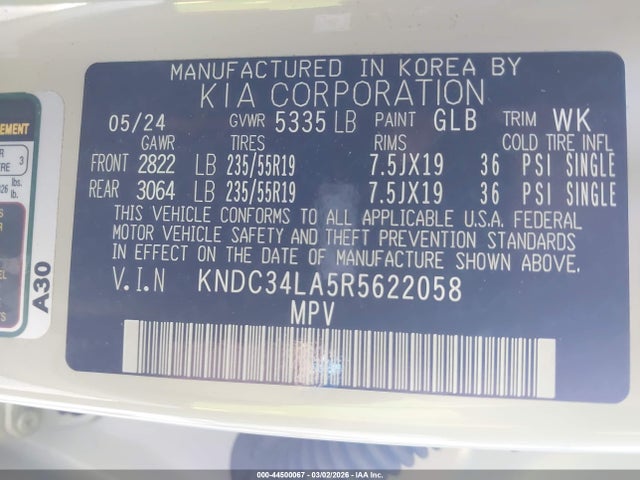 Aukcja sprzedaży 2024 Kia Ev6 Wind, vin: KNDC34LA5R5622058, numer aukcji: 44500067