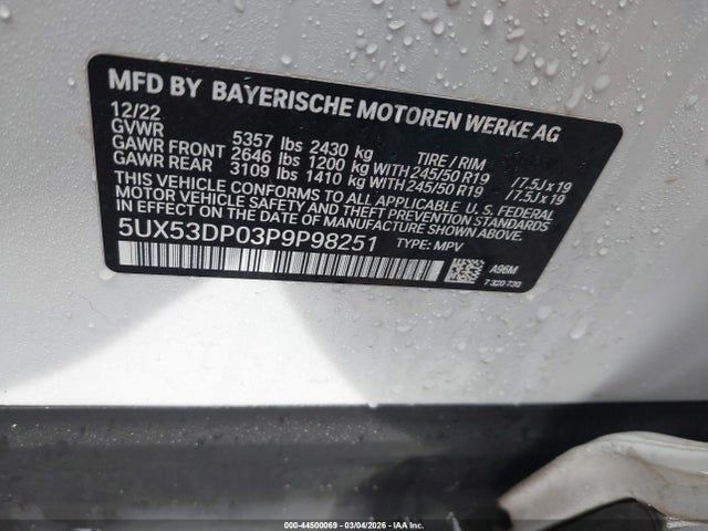 Aukcja sprzedaży 2023 Bmw X3 Xdrive30i, vin: 5UX53DP03P9P98251, numer aukcji: 44500069