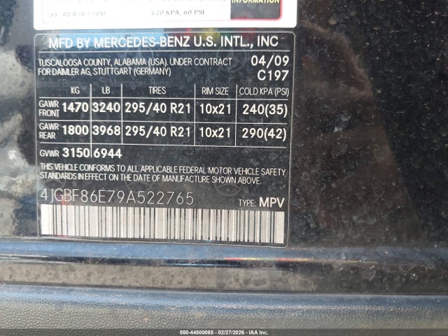 44500085 :رقم المزاد ، 4JGBF86E79A522765 vin ، 2009 Mercedes-benz Gl 550 4matic مزاد بيع