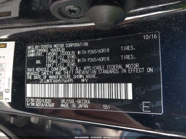 44500090 :رقم المزاد ، JTJJM7FX6H5156495 vin ، 2017 Lexus Gx 460 Luxury مزاد بيع