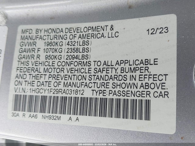 44500093 :رقم المزاد ، 1HGCY1F29RA031812 vin ، 2024 Honda Accord Lx مزاد بيع