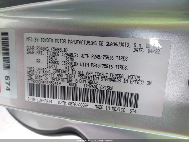 Toyota Tacoma Sr 2022 3TYRX5GN4NT056419 Image 9