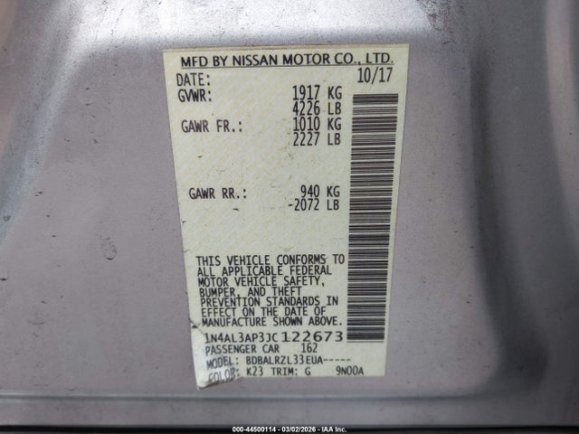 2018 Nissan Altima 2.5 Sl მანქანა იყიდება აუქციონზე, vin: 1N4AL3AP3JC122673, აუქციონის ნომერი: 44500114