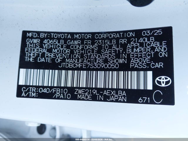 JTDBCMFE7S3090050 Toyota Corolla Hybrid Le