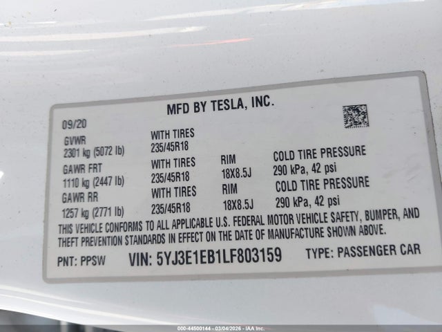 Aukcja sprzedaży 2020 Tesla Model 3 Long Range Dual Motor All-wheel Drive, vin: 5YJ3E1EB1LF803159, numer aukcji: 44500144