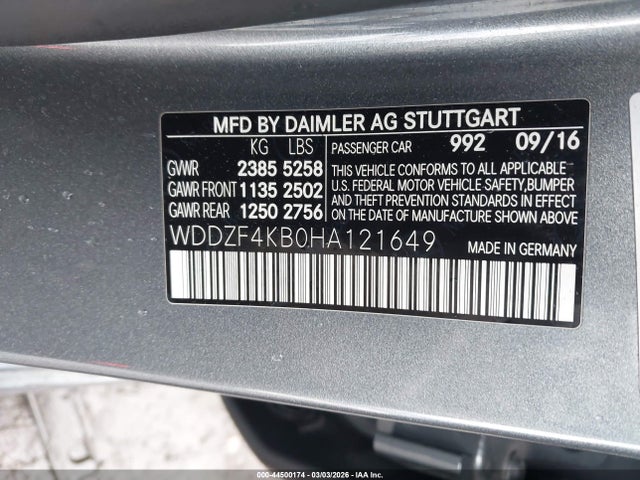 Aukcja sprzedaży 2017 Mercedes-benz E 300 4matic, vin: WDDZF4KB0HA121649, numer aukcji: 44500174