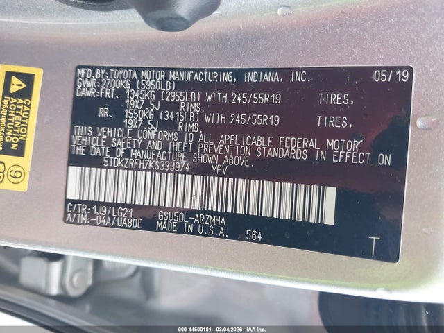 5TDKZRFH7KS333974 Toyota Highlander Se
