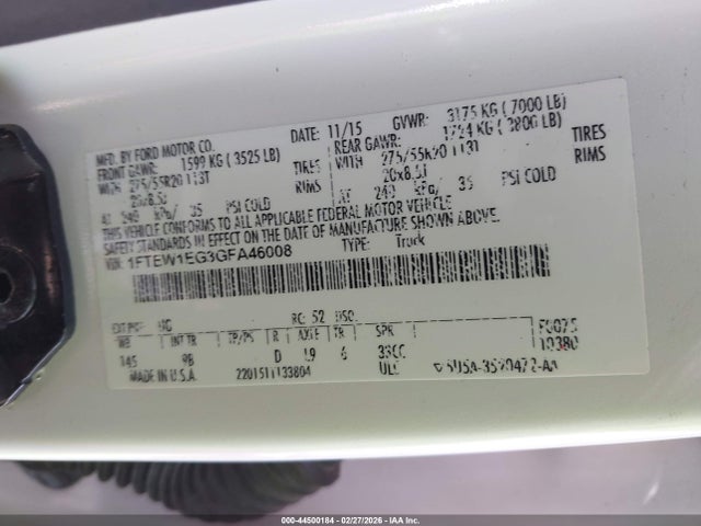 44500184 :رقم المزاد ، 1FTEW1EG3GFA46008 vin ، 2016 Ford F-150 Platinum مزاد بيع