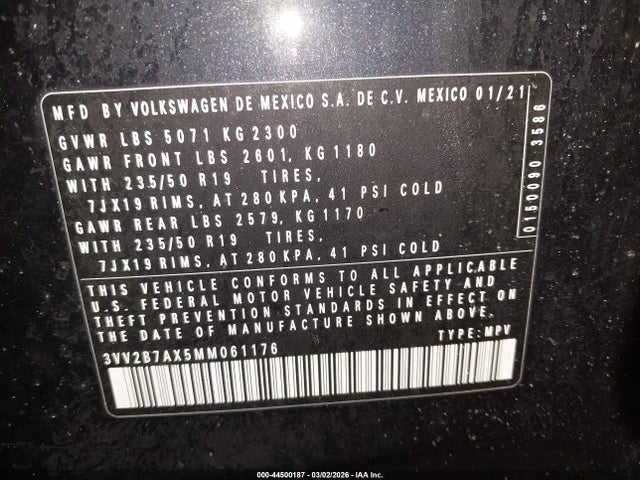 44500187 :رقم المزاد ، 3VV2B7AX5MM061176 vin ، 2021 Volkswagen Tiguan 2.0t Se/2.0t Se R-line Black/2.0t Sel مزاد بيع