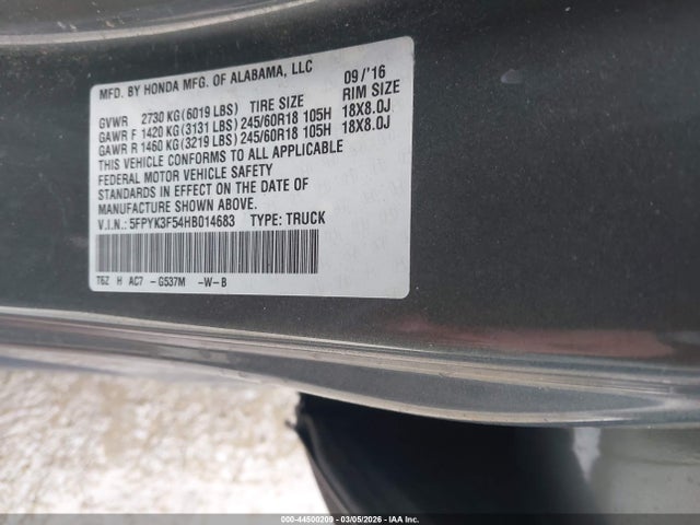 Honda Ridgeline Rtl 2017 5FPYK3F54HB014683 Image 9