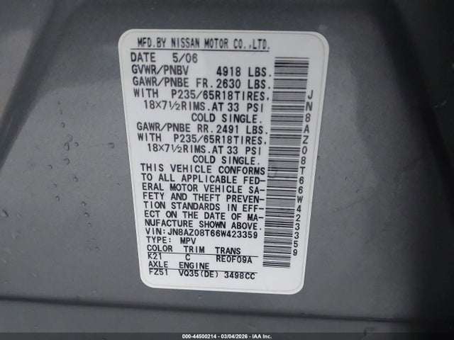 2006 Nissan Murano Sl მანქანა იყიდება აუქციონზე, vin: JN8AZ08T66W423359, აუქციონის ნომერი: 44500214