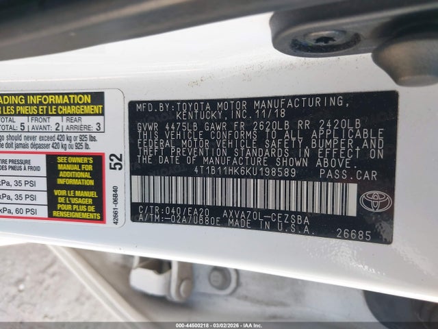 4T1B11HK6KU198589 Toyota CAMRY SE