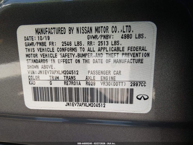 Продаж на аукціоні авто 2020 Infiniti Q50 Luxe, vin: JN1EV7APXLM204512, номер лоту: 44500240