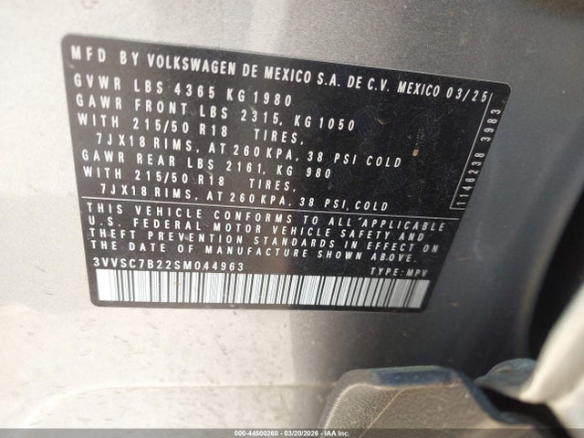 2025 Volkswagen Taos 1.5t Se მანქანა იყიდება აუქციონზე, vin: 3VVSC7B22SM044963, აუქციონის ნომერი: 44500260