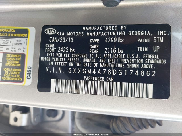 2013 Kia Optima Lx მანქანა იყიდება აუქციონზე, vin: 5XXGM4A78DG174862, აუქციონის ნომერი: 44500270