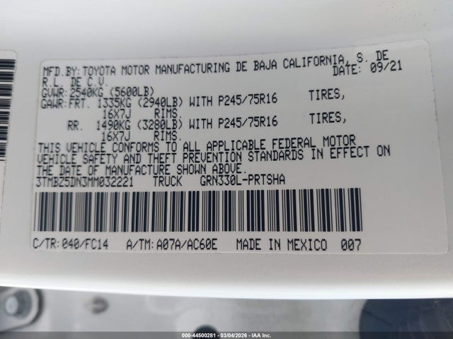 Toyota Tacoma Sr5 V6 2021 3TMBZ5DN3MM032221 Image 9