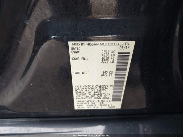 Продажа на аукционе авто 2017 Nissan Altima 2.5 Sl, vin: 1N4AL3AP6HC268611, номер лота: 44500288