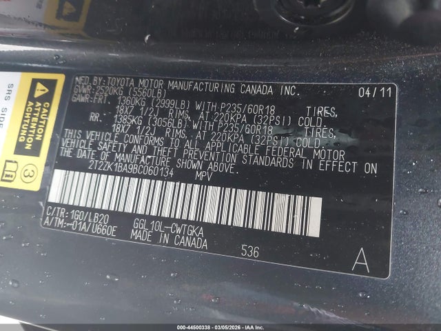 Aukcja sprzedaży 2011 Lexus Rx 350, vin: 2T2ZK1BA9BC060134, numer aukcji: 44500338