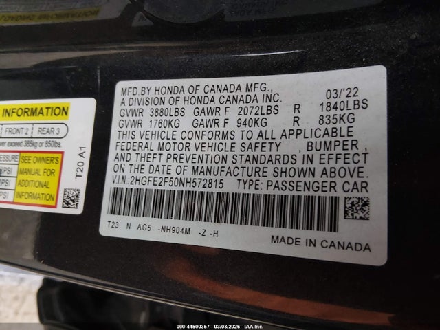 2022 Honda Civic Sport მანქანა იყიდება აუქციონზე, vin: 2HGFE2F50NH572815, აუქციონის ნომერი: 44500357