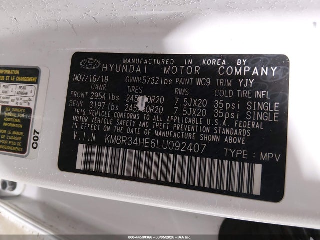 Aukcja sprzedaży 2020 Hyundai Palisade Sel, vin: KM8R34HE6LU092407, numer aukcji: 44500366
