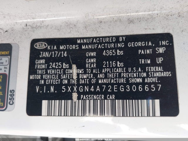 Aukcja sprzedaży 2014 Kia Optima Ex, vin: 5XXGN4A72EG306657, numer aukcji: 44500381
