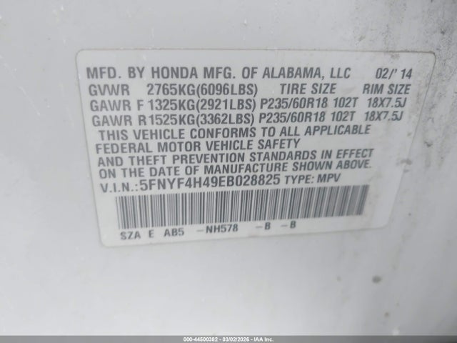 Honda Pilot Ex 2014 5FNYF4H49EB028825 Image 9