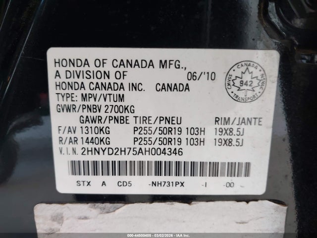 Продаж на аукціоні авто 2010 Acura Mdx Advance Package, vin: 2HNYD2H75AH004346, номер лоту: 44500405