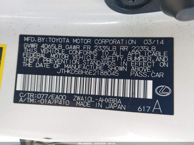 Aukcja sprzedaży 2014 Lexus Ct 200h, vin: JTHKD5BH6E2188045, numer aukcji: 44500421