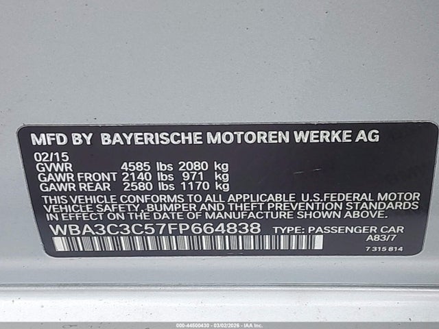 Aukcja sprzedaży 2015 Bmw 320i Xdrive, vin: WBA3C3C57FP664838, numer aukcji: 44500430