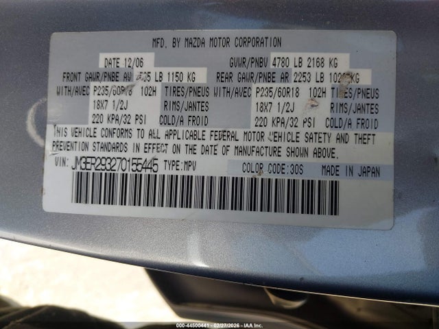 44500441 :رقم المزاد ، JM3ER293270155445 vin ، 2007 Mazda Cx-7 Sport مزاد بيع
