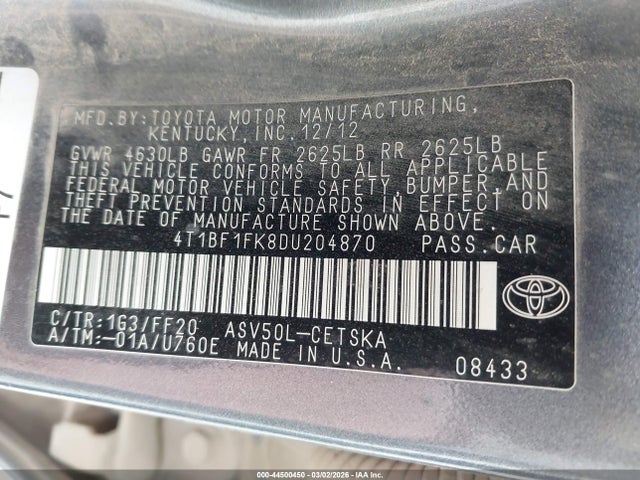 44500450 :رقم المزاد ، 4T1BF1FK8DU204870 vin ، 2013 Toyota Camry Se مزاد بيع