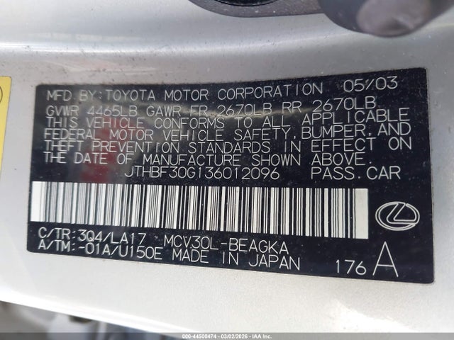 Продажа на аукционе авто 2003 Lexus Es 300, vin: JTHBF30G136012096, номер лота: 44500474