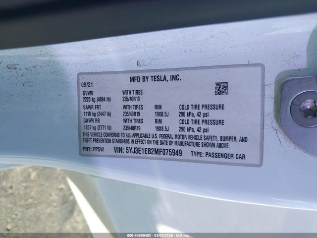 Продаж на аукціоні авто 2021 Tesla Model 3 Long Range Dual Motor All-wheel Drive, vin: 5YJ3E1EB2MF075949, номер лоту: 44500482
