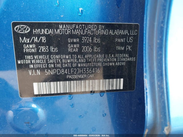 2018 Hyundai Elantra Sel მანქანა იყიდება აუქციონზე, vin: 5NPD84LF2JH336416, აუქციონის ნომერი: 44500484